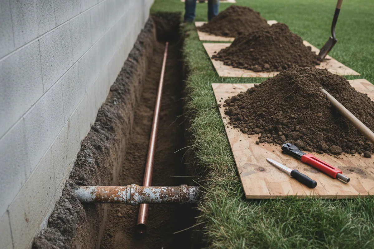 Excavated water line trench during Sewer Line Repair in Watkins